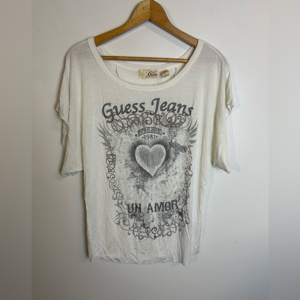 Guess Y2K Blouse Top Size M Dolman Sleeve Novelty Print White Concert Band